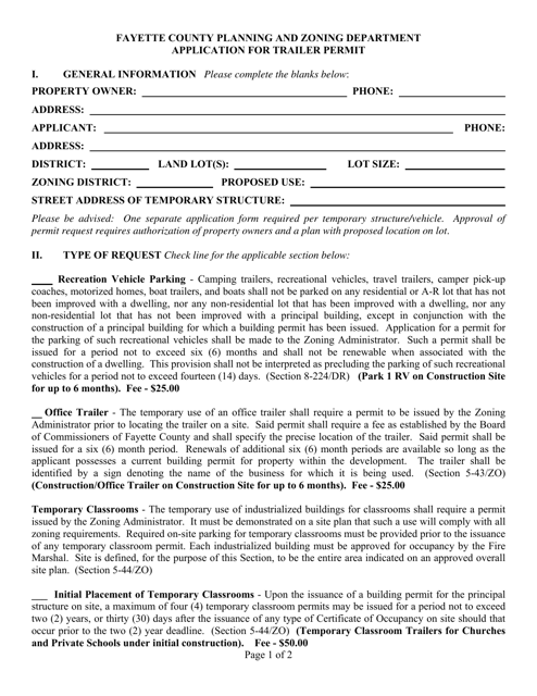 Application for Trailer Permit - Fayette County, Georgia (United States) Download Pdf