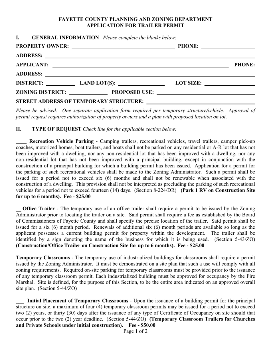 Application for Trailer Permit - Fayette County, Georgia (United States), Page 1