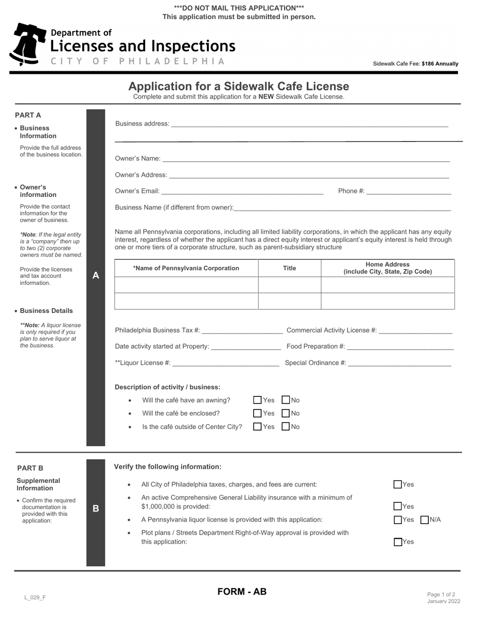 Form L_029_F Application for a Sidewalk Cafe License - City of Philadelphia, Pennsylvania, Page 1