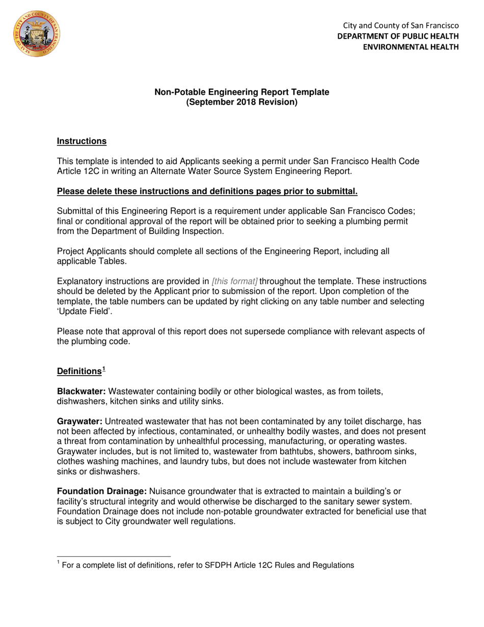 Non-potable Engineering Report Template - City and County of San Francisco, California, Page 1