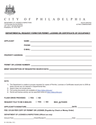 Document preview: Form 81-1033 Departmental Request Form for Permit, License or Certificate of Occupancy - City of Philadelphia, Pennsylvania