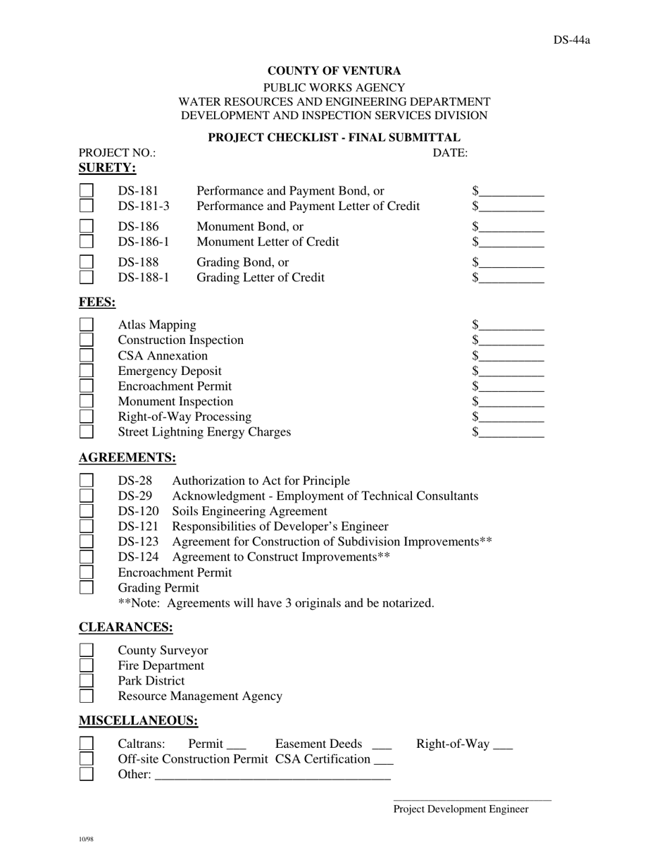 Form DS-44A Project Checklist - Final Submittal - County of Ventura, California, Page 1