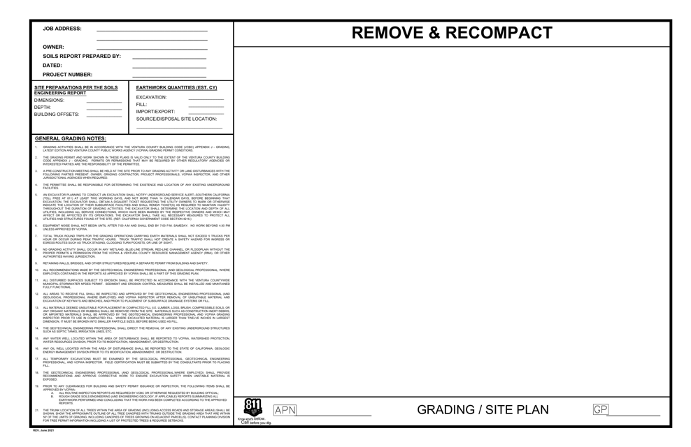 Remove & Recompact Grading Permit Cover Sheet - County of Ventura, California Download Pdf