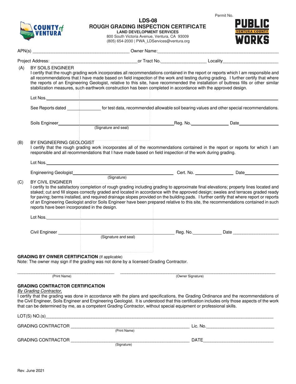 Form LDS-08 Rough Grading Inspection Certificate - County of Ventura, California, Page 1