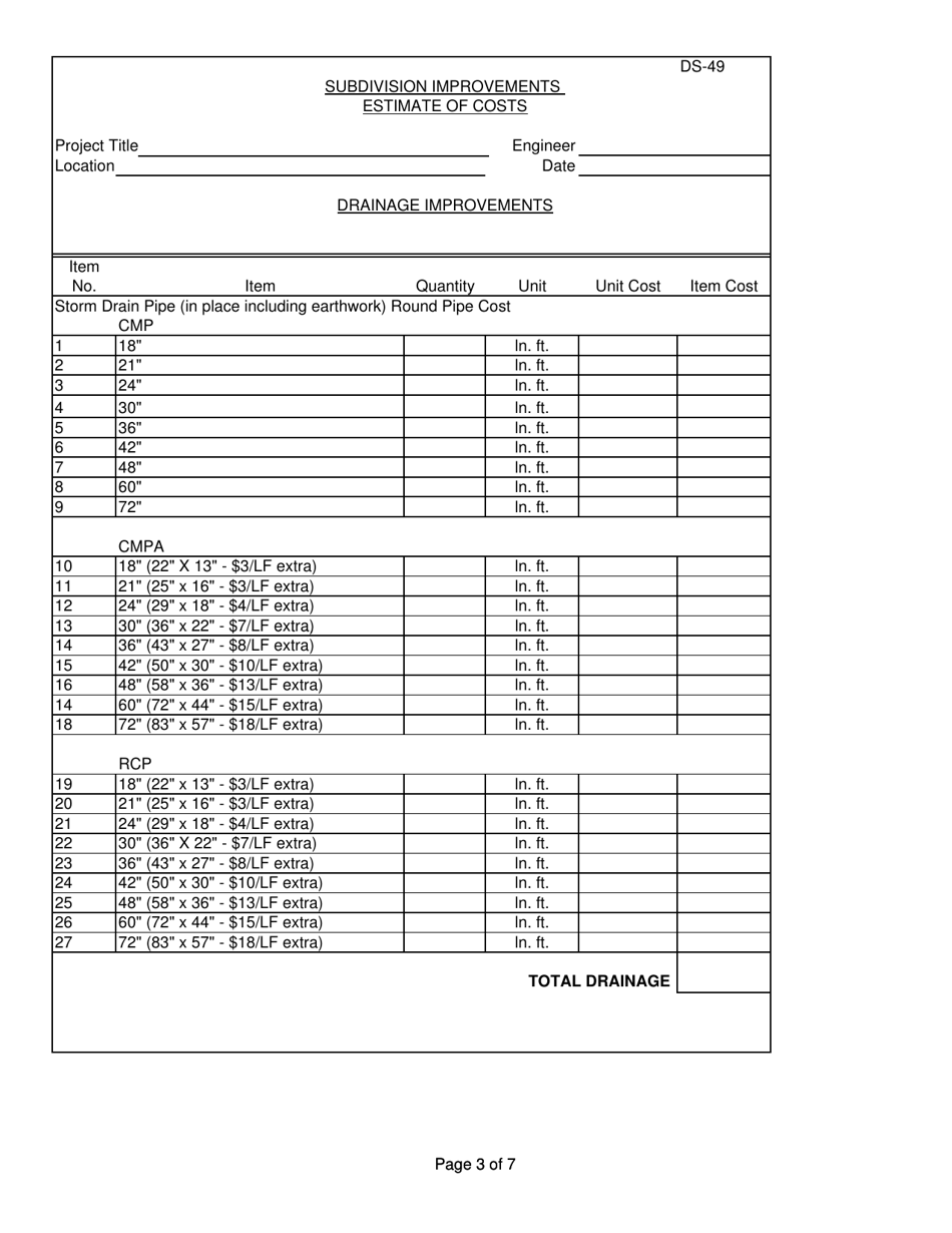 Form DS-49 Subdivision Improvements Estimate of Costs - County of Ventura, California, Page 3
