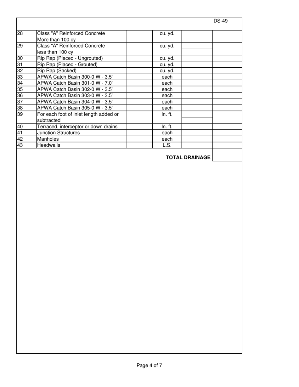 Form DS-49 Subdivision Improvements Estimate of Costs - County of Ventura, California, Page 4