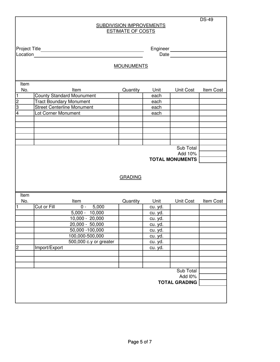 Form DS-49 Subdivision Improvements Estimate of Costs - County of Ventura, California, Page 5