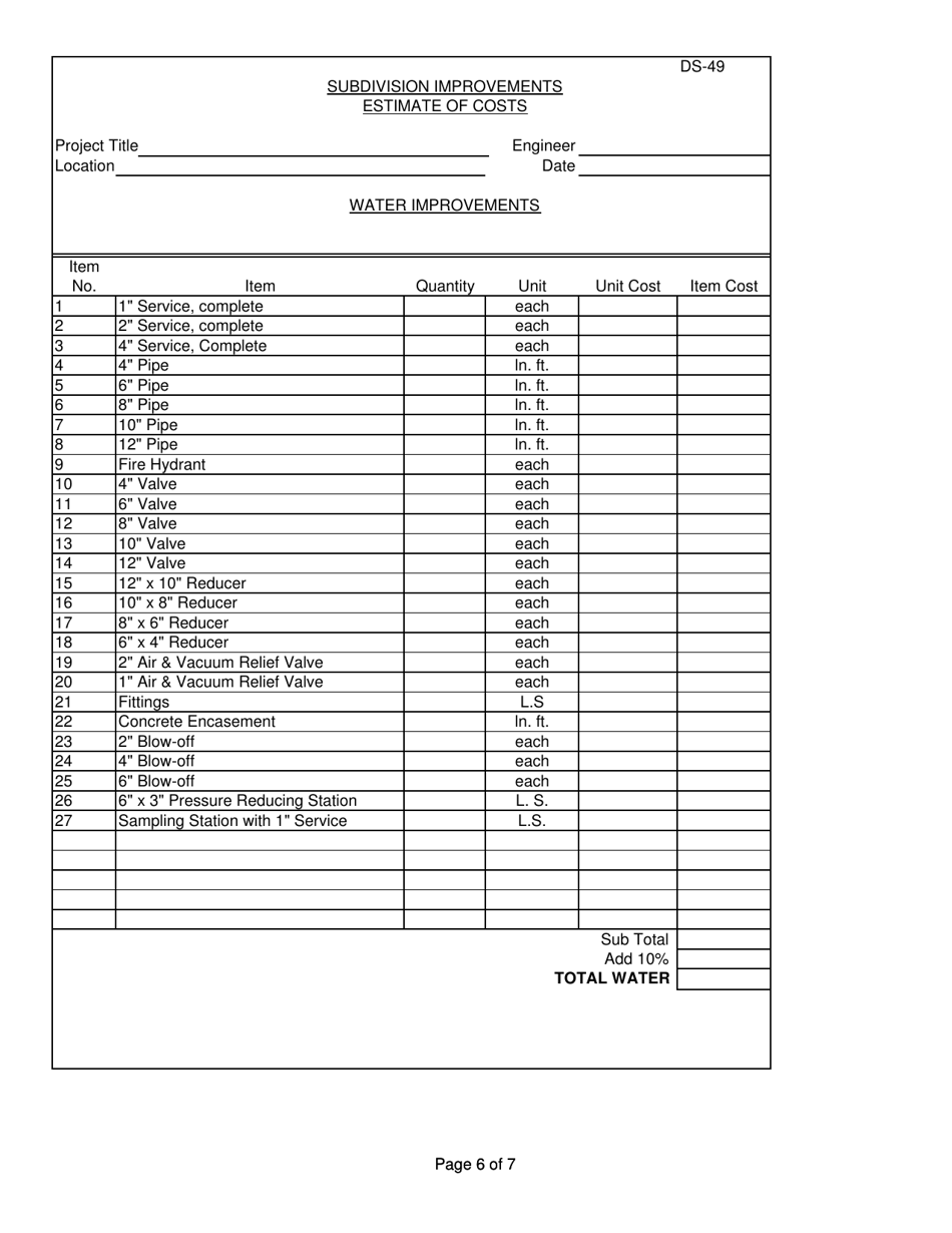 Form DS-49 Subdivision Improvements Estimate of Costs - County of Ventura, California, Page 6