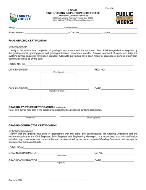 Form LDS-09 Fine Grading Inspection Certificate - County of Ventura, California