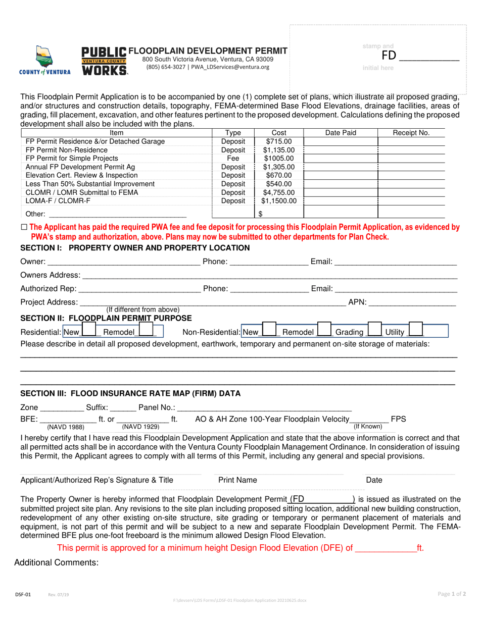 Form DSF-01 Floodplain Development Permit - County of Ventura, California, Page 1