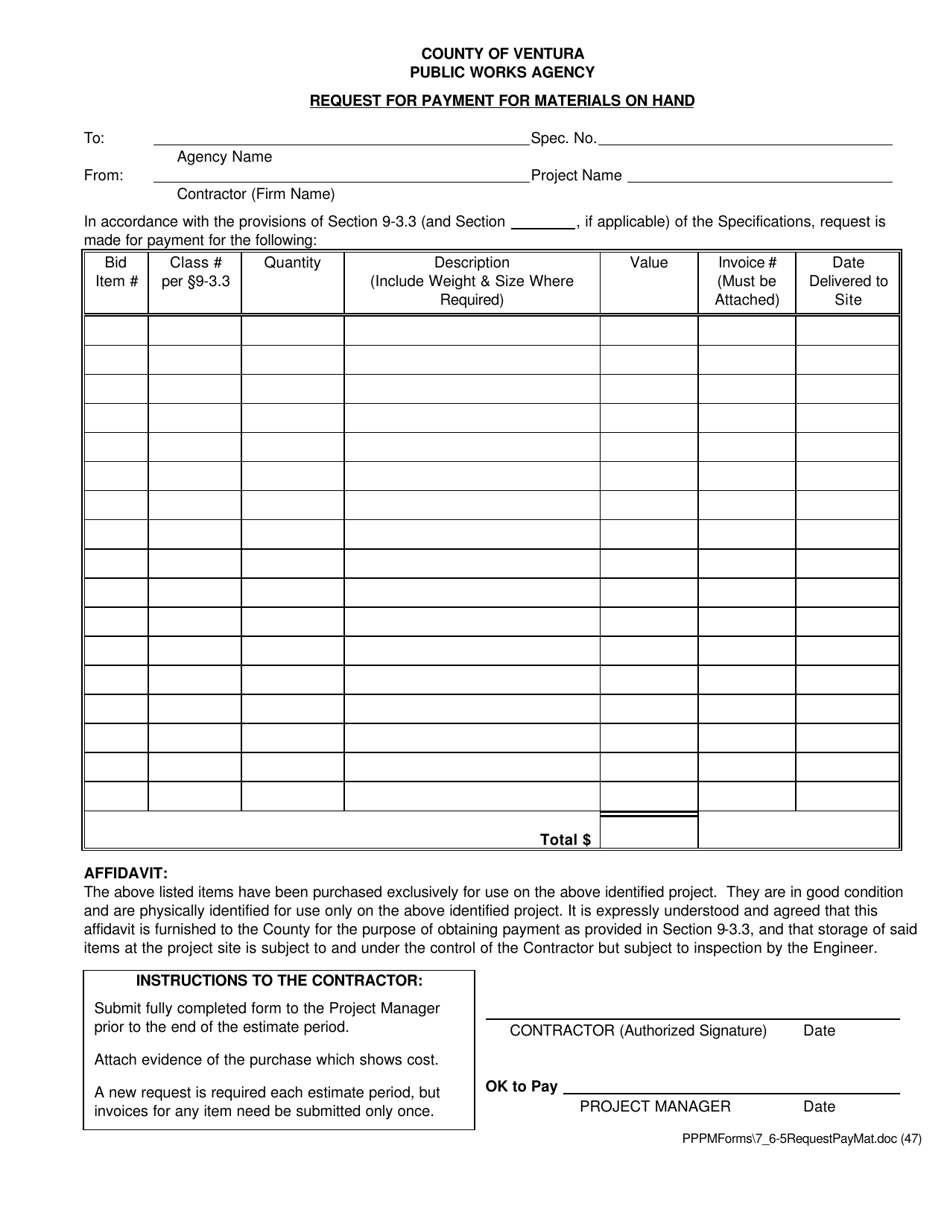 Request for Payment for Materials on Hand - County of Ventura, California, Page 1