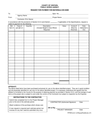 Document preview: Request for Payment for Materials on Hand - County of Ventura, California