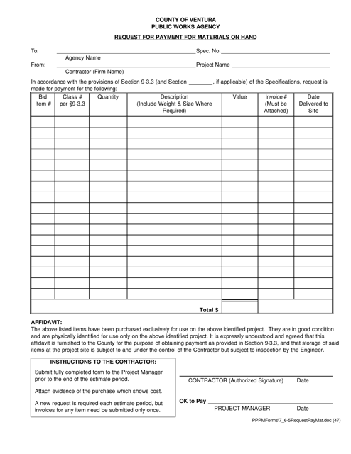 Request for Payment for Materials on Hand - County of Ventura, California Download Pdf