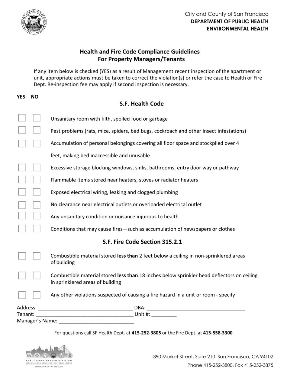 Health and Fire Code Compliance Guidelines for Property Managers / Tenants - City and County of San Francisco, California, Page 1