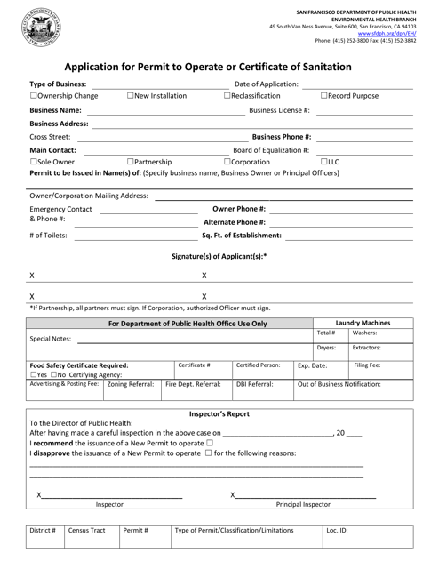 Application for Permit to Operate or Certificate of Sanitation - City and County of San Francisco, California