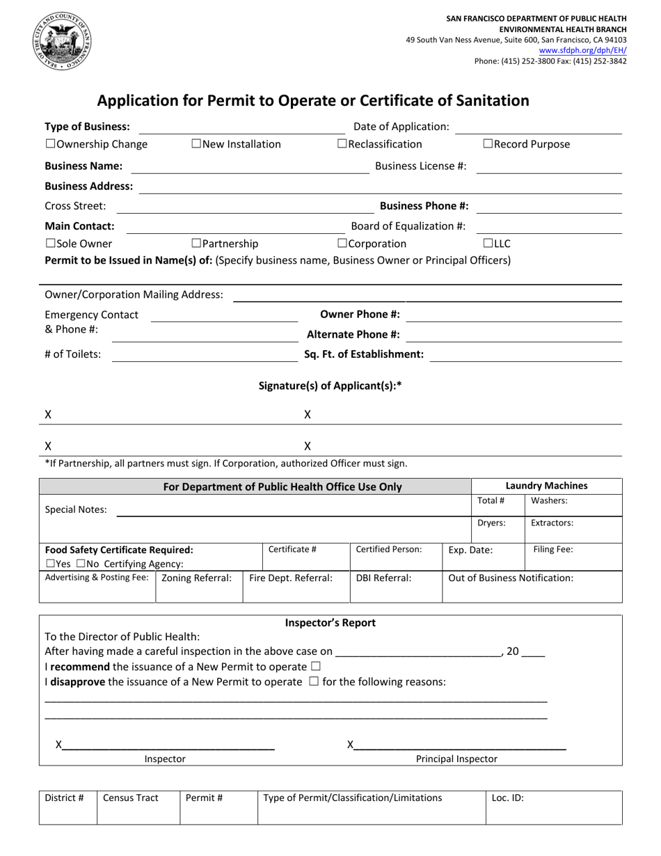 Application for Permit to Operate or Certificate of Sanitation - City and County of San Francisco, California, Page 1