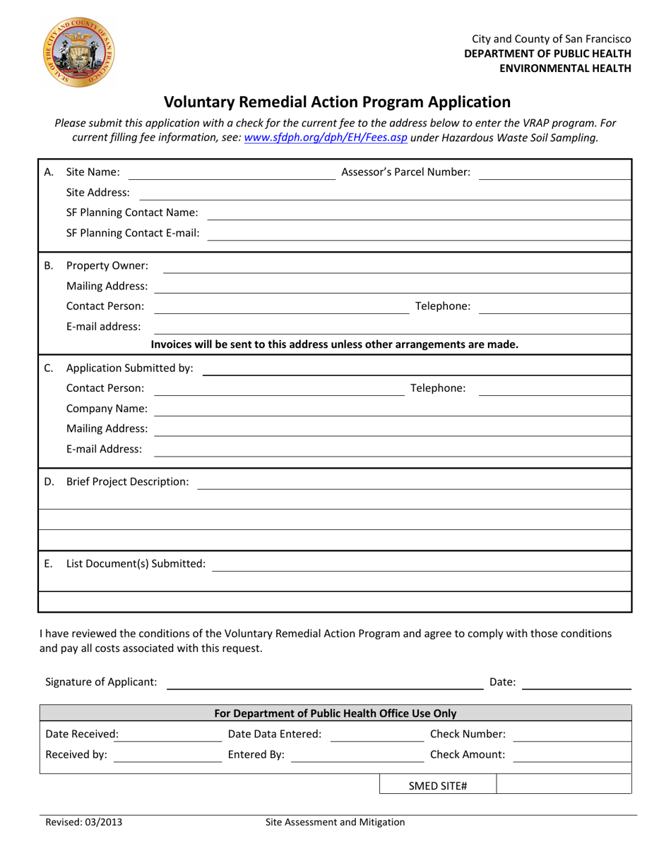 Voluntary Remedial Action Program Application - City and County of San Francisco, California, Page 1