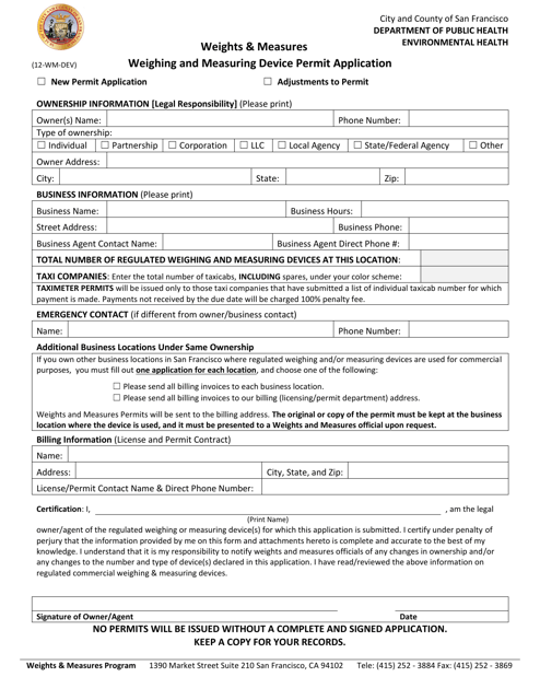 Form 12-WM-DEV Weighing and Measuring Device Permit Application - City and County of San Francisco, California