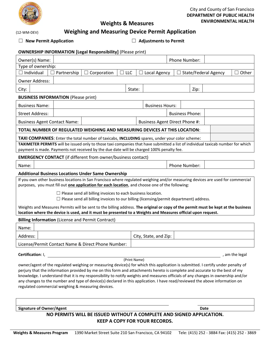 Form 12-WM-DEV Weighing and Measuring Device Permit Application - City and County of San Francisco, California, Page 1