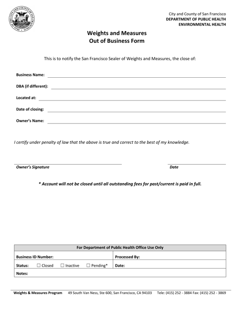 Out of Business Form - Weights and Measures Program - City and County of San Francisco, California Download Pdf