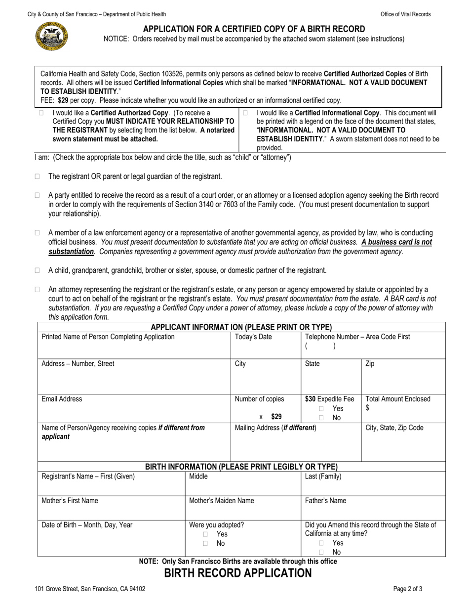 Application for a Certified Copy of a Birth Record - City and County of San Francisco, California, Page 2
