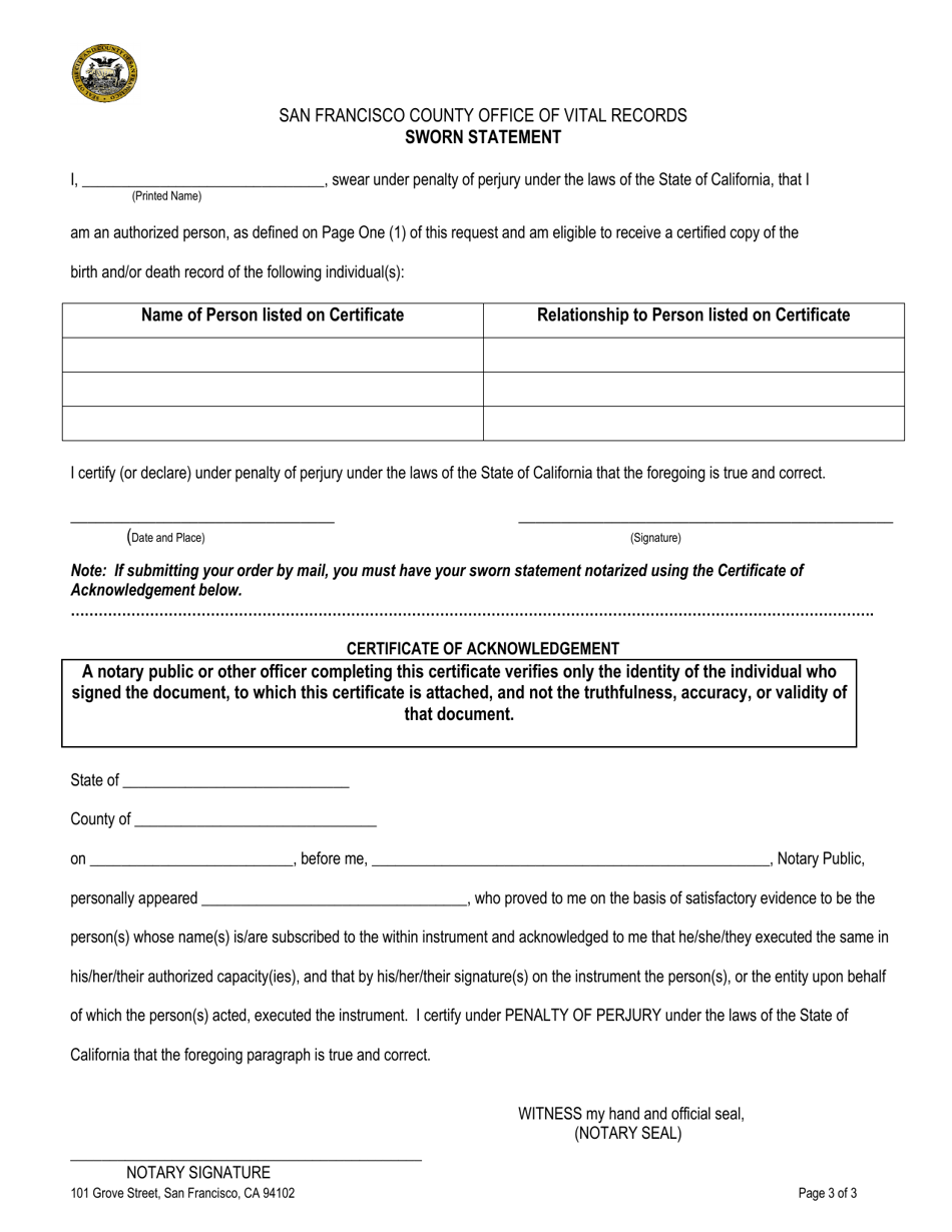 Application for a Certified Copy of a Birth Record - City and County of San Francisco, California, Page 3