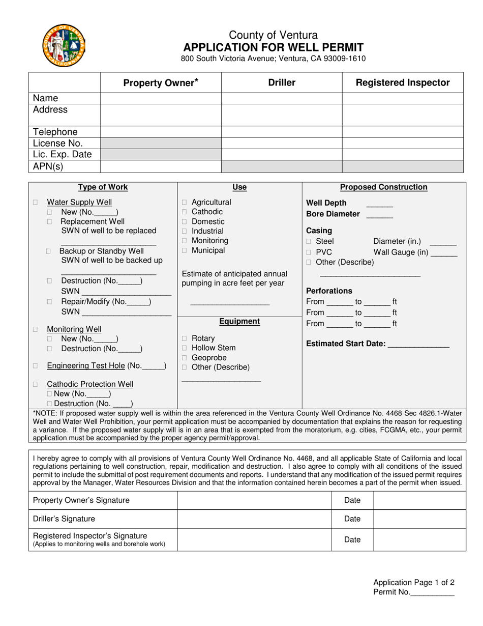 County Of Ventura California Application For Well Permit Fill Out Sign Online And Download 8507