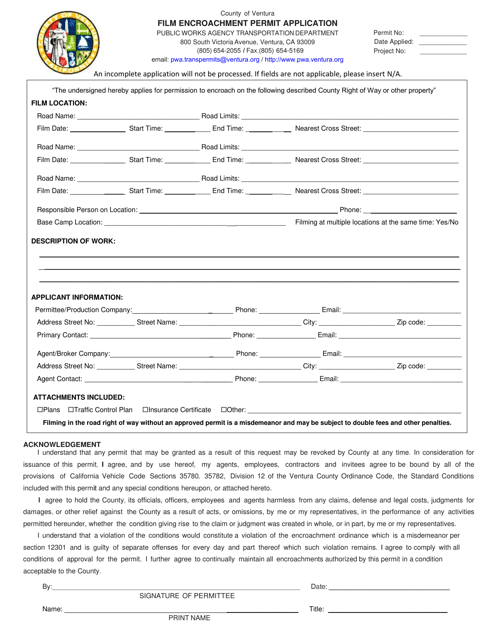 Film Encroachment Permit Application - County of Ventura, California