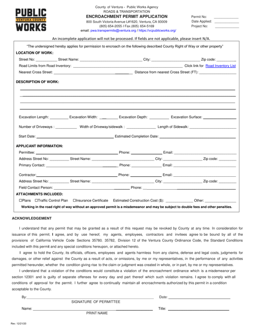 Encroachment Permit Application - County of Ventura, California
