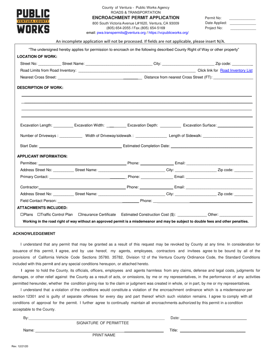 Encroachment Permit Application - County of Ventura, California, Page 1