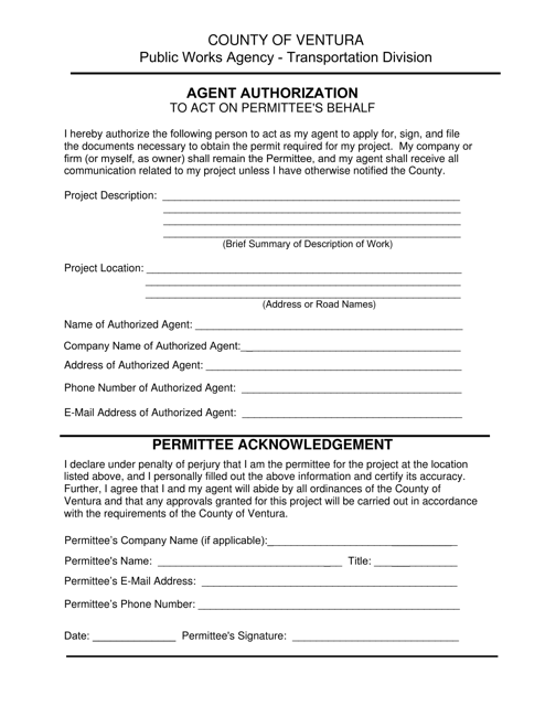 Transportation Department Agent Authorization Form - County of Ventura, California Download Pdf