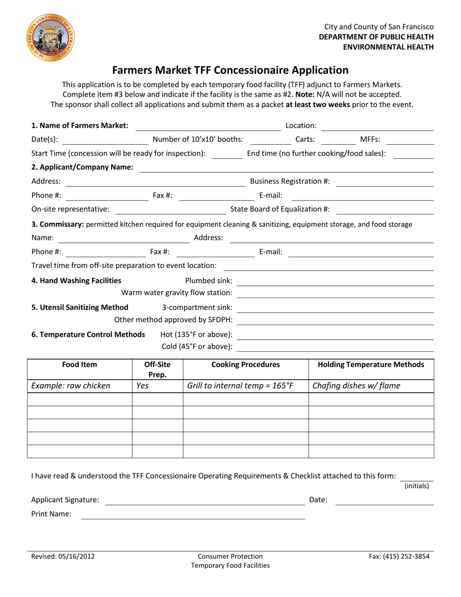 Farmers Market Tff Concessionaire Application - City and County of San Francisco, California, Page 1