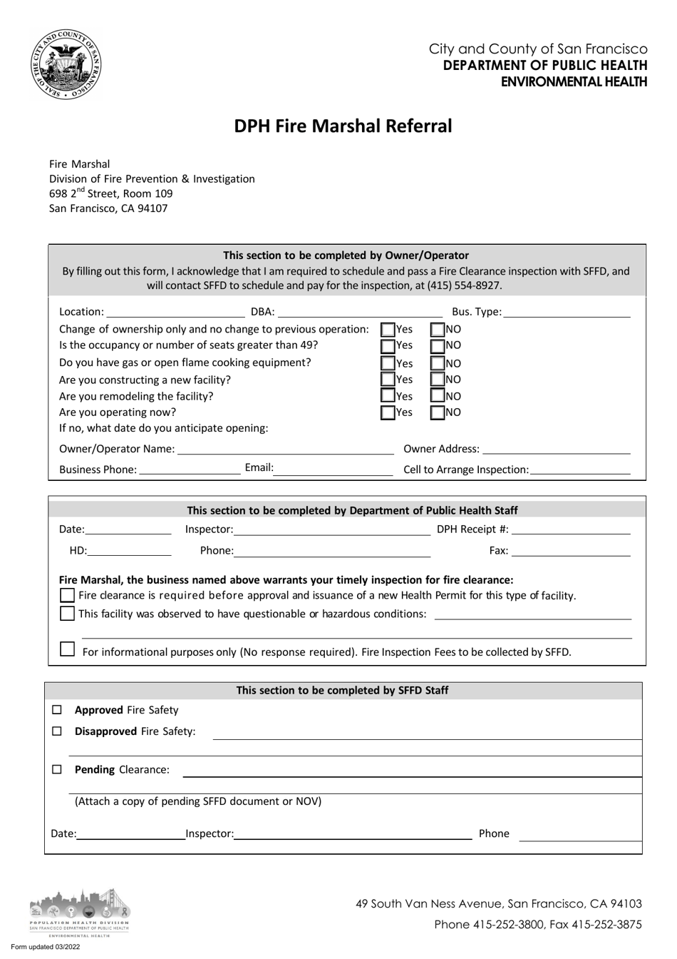 Dph Fire Marshal Referral - City and County of San Francisco, California, Page 1