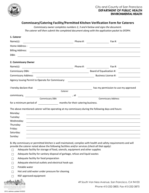 Commissary/Catering Facility/Permitted Kitchen Verification Form for Caterers - City and County of San Francisco, California