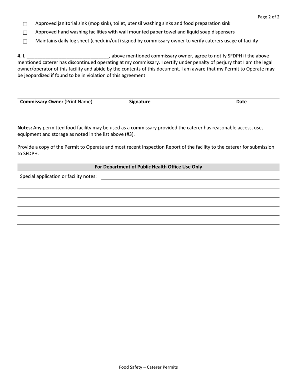 Commissary / Catering Facility / Permitted Kitchen Verification Form for Caterers - City and County of San Francisco, California, Page 2