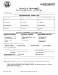 Application for Monitoring Well Construction/Destruction or Soil Borings - City and County of San Francisco, California