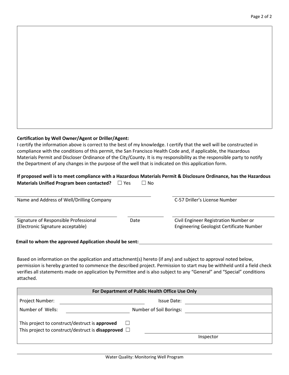 Application for Monitoring Well Construction / Destruction or Soil Borings - City and County of San Francisco, California, Page 2