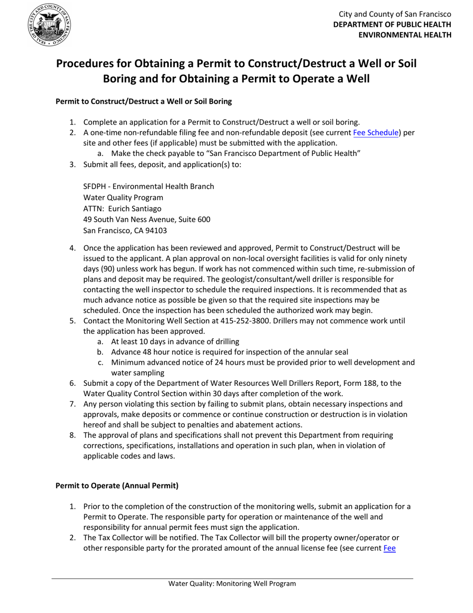 Application for Monitoring Well Construction / Destruction or Soil Borings - City and County of San Francisco, California, Page 3