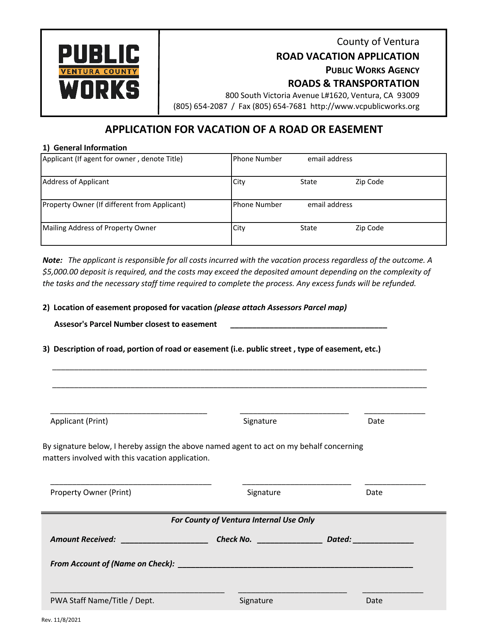 Application for Vacation of a Road or Easement - County of Ventura, California Download Pdf