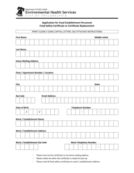 Application for Food Establishment Personnel Food Safety Certificate or Certificate Replacement - City of Philadelphia, Pennsylvania