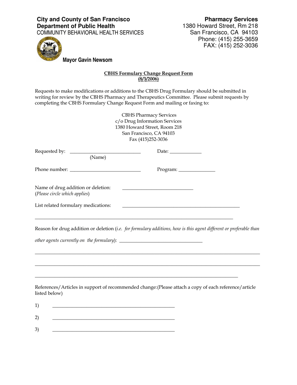 Cbhs Formulary Change Request Form - City and County of San Francisco, California, Page 1