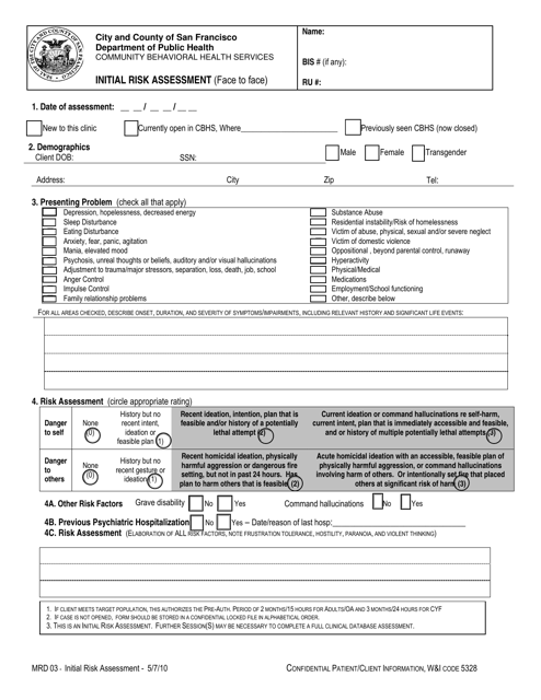 Form MRD03 Initial Risk Assessment - City and County of San Francisco, California