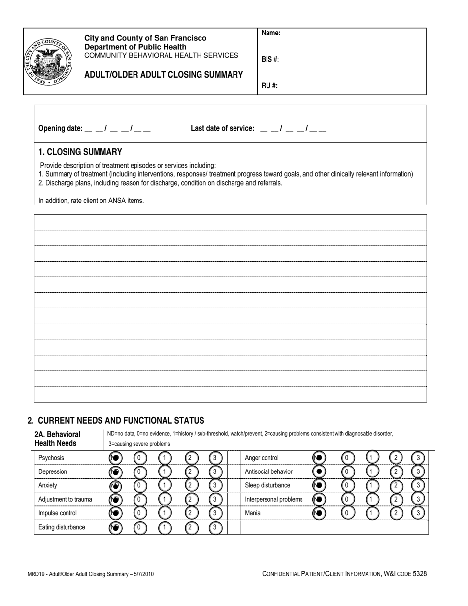 Form MRD19 Adult / Older Adult Closing Summary - City and County of San Francisco, California, Page 1
