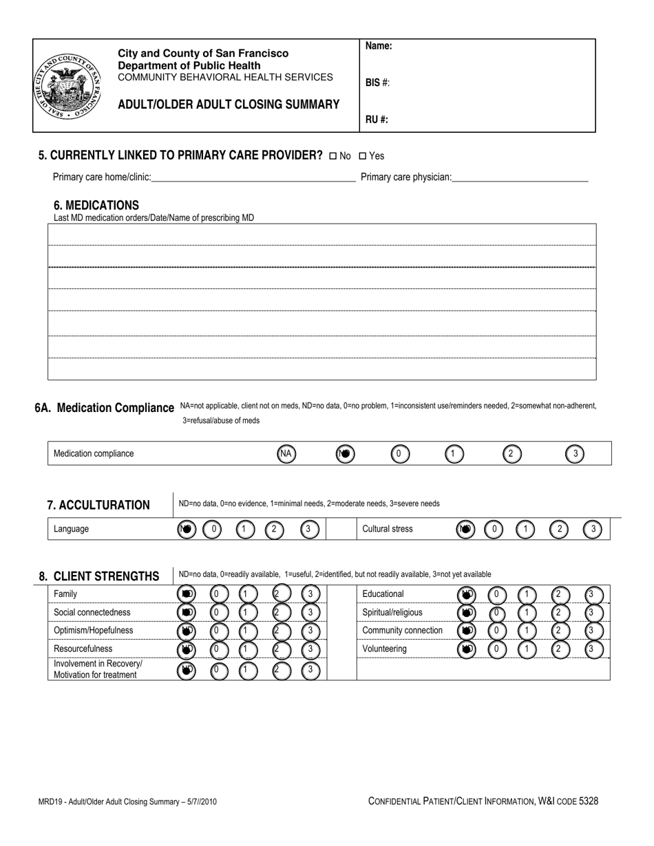 Form MRD19 Adult / Older Adult Closing Summary - City and County of San Francisco, California, Page 3
