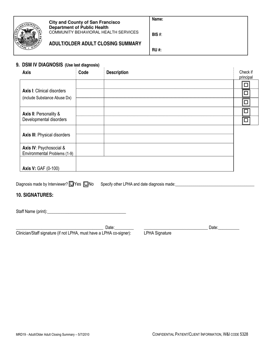 Form MRD19 Adult / Older Adult Closing Summary - City and County of San Francisco, California, Page 4