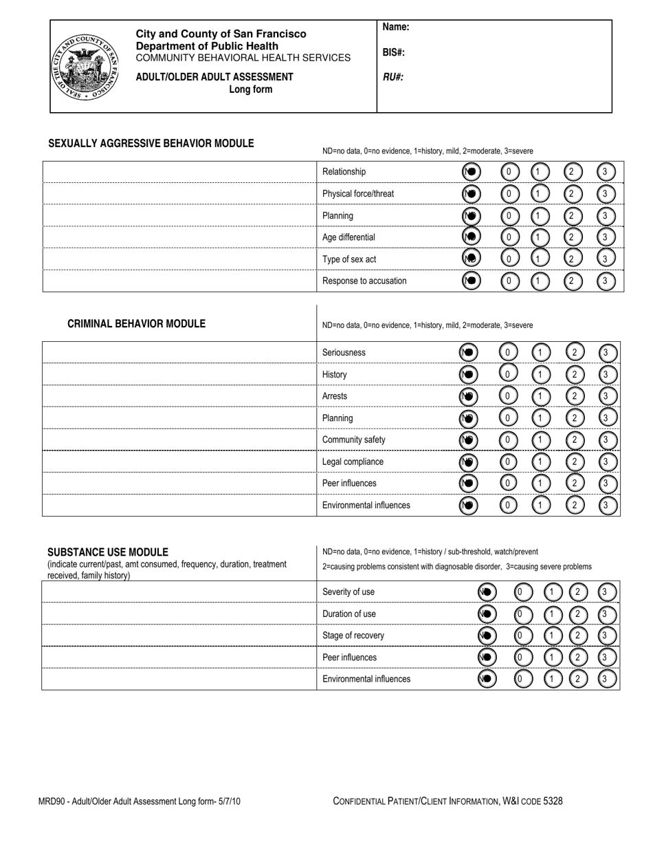 Form MRD90 Adult / Older Adult Assessment Long Form - City and County of San Francisco, California, Page 10