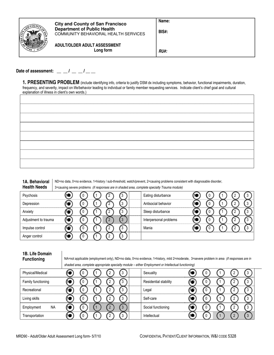 Form MRD90 Adult / Older Adult Assessment Long Form - City and County of San Francisco, California, Page 1