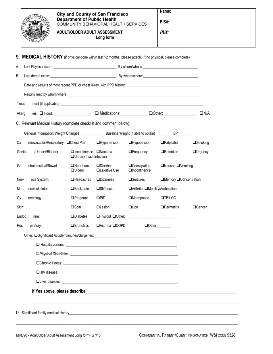 Form MRD90 Adult / Older Adult Assessment Long Form - City and County of San Francisco, California, Page 6