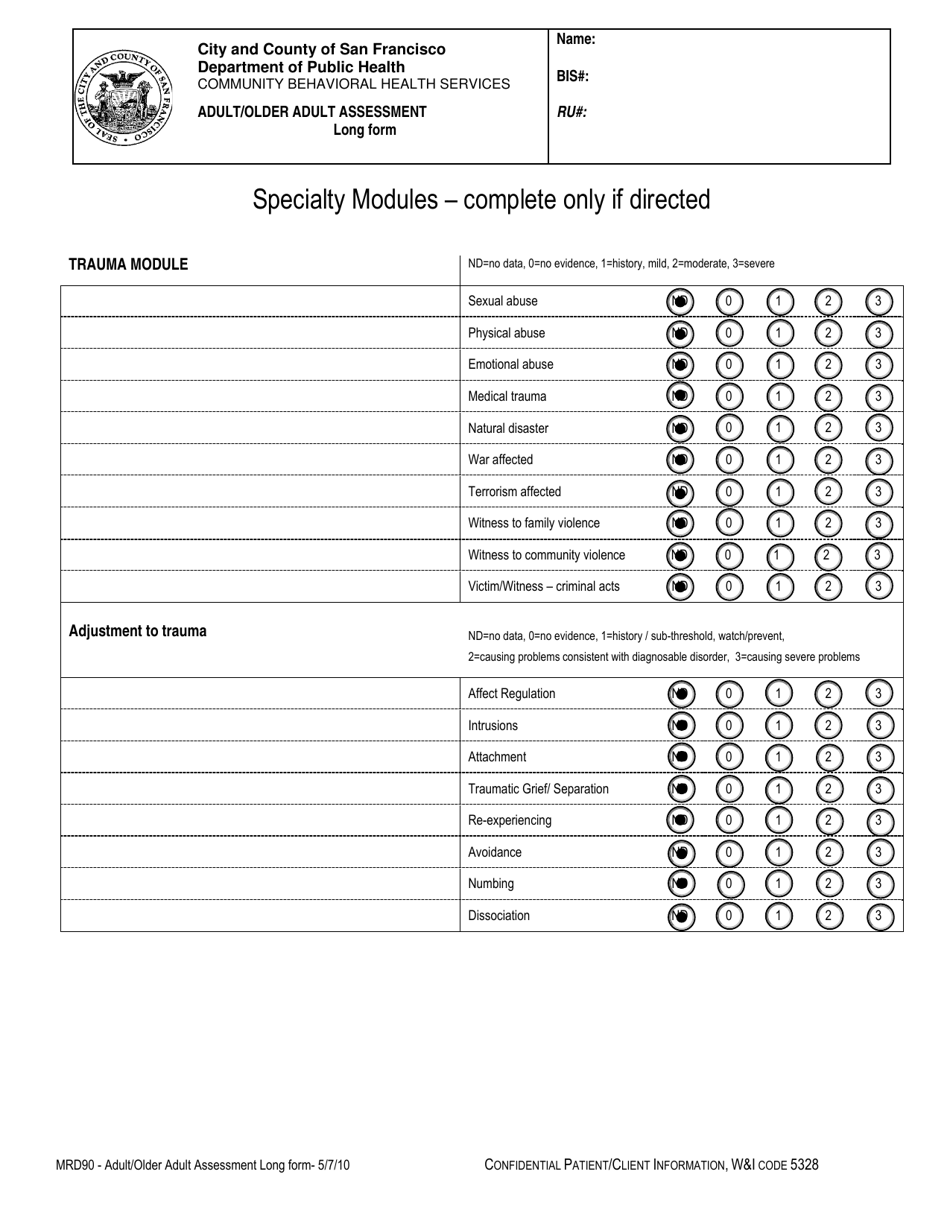 Form MRD90 Adult / Older Adult Assessment Long Form - City and County of San Francisco, California, Page 8