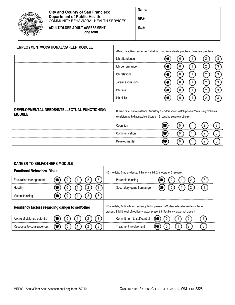 Form MRD90 Adult / Older Adult Assessment Long Form - City and County of San Francisco, California, Page 9